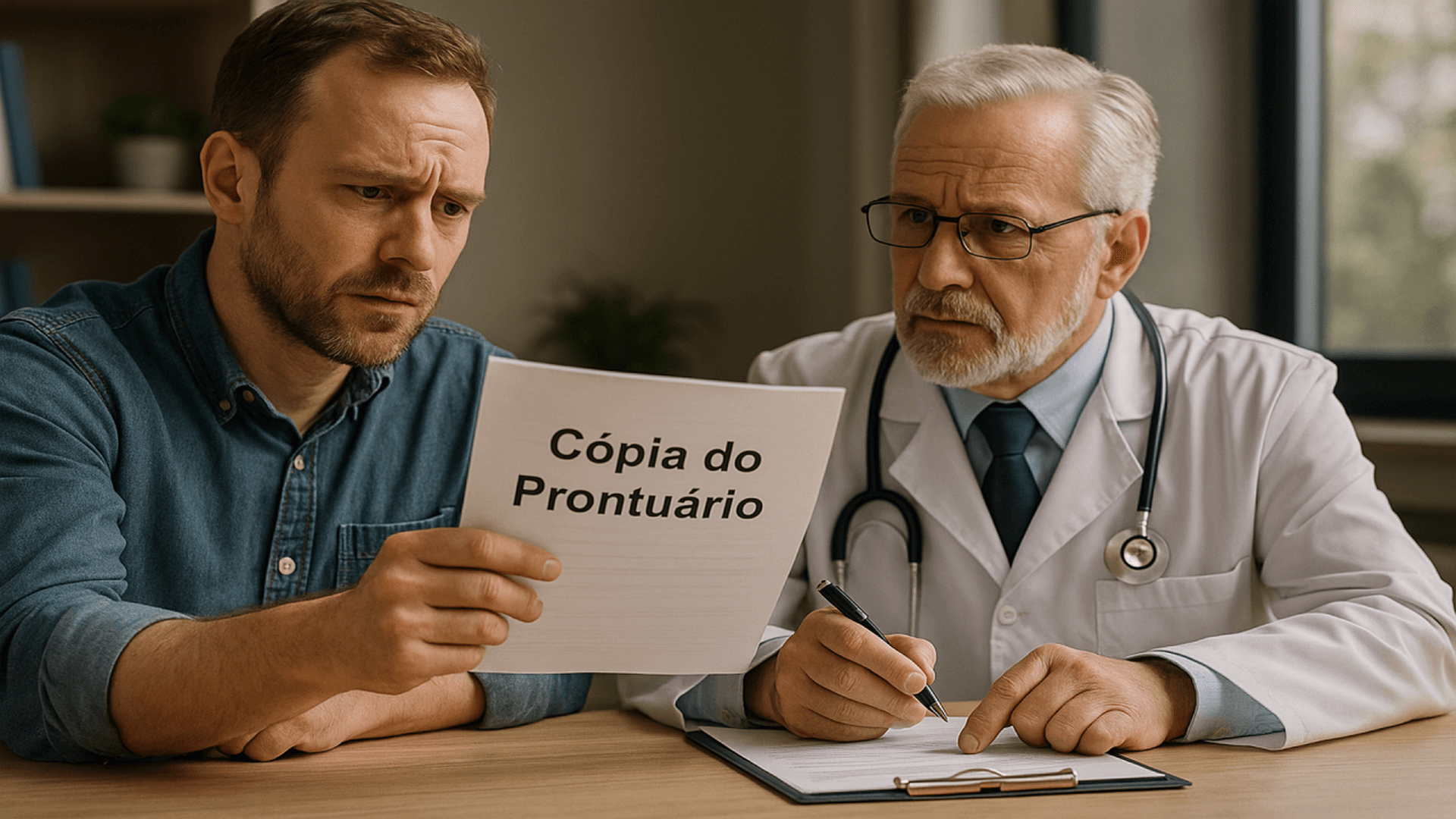 Paciente entrega documento com pedido do prontuário médico a profissional de saúde, em consultório, com expressão séria e ambiente clínico.