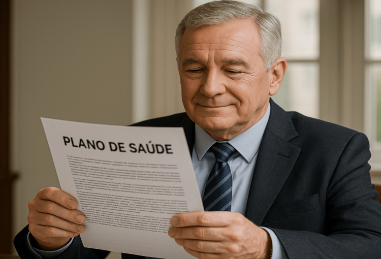 Homem aposentado de terno analisando contrato de plano de saúde com expressão de alívio.
