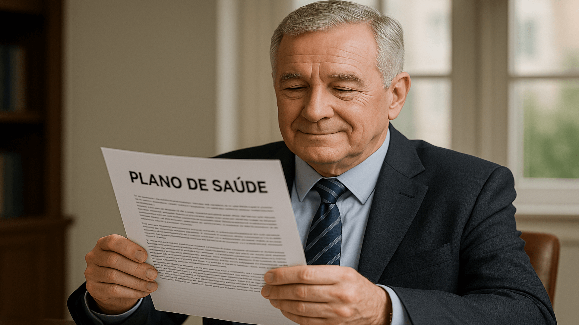 Homem aposentado de terno analisando contrato de plano de saúde com expressão de alívio.