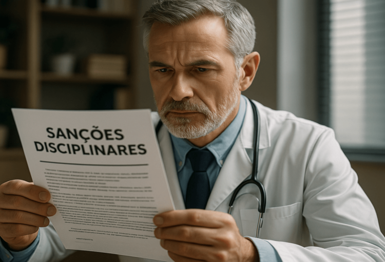 Médico analisa documento de sanções disciplinares do CRM, representando preocupação com conduta ética e processo disciplinar.Médico analisa documento de sanções disciplinares do CRM, representando preocupação com conduta ética e processo disciplinar.