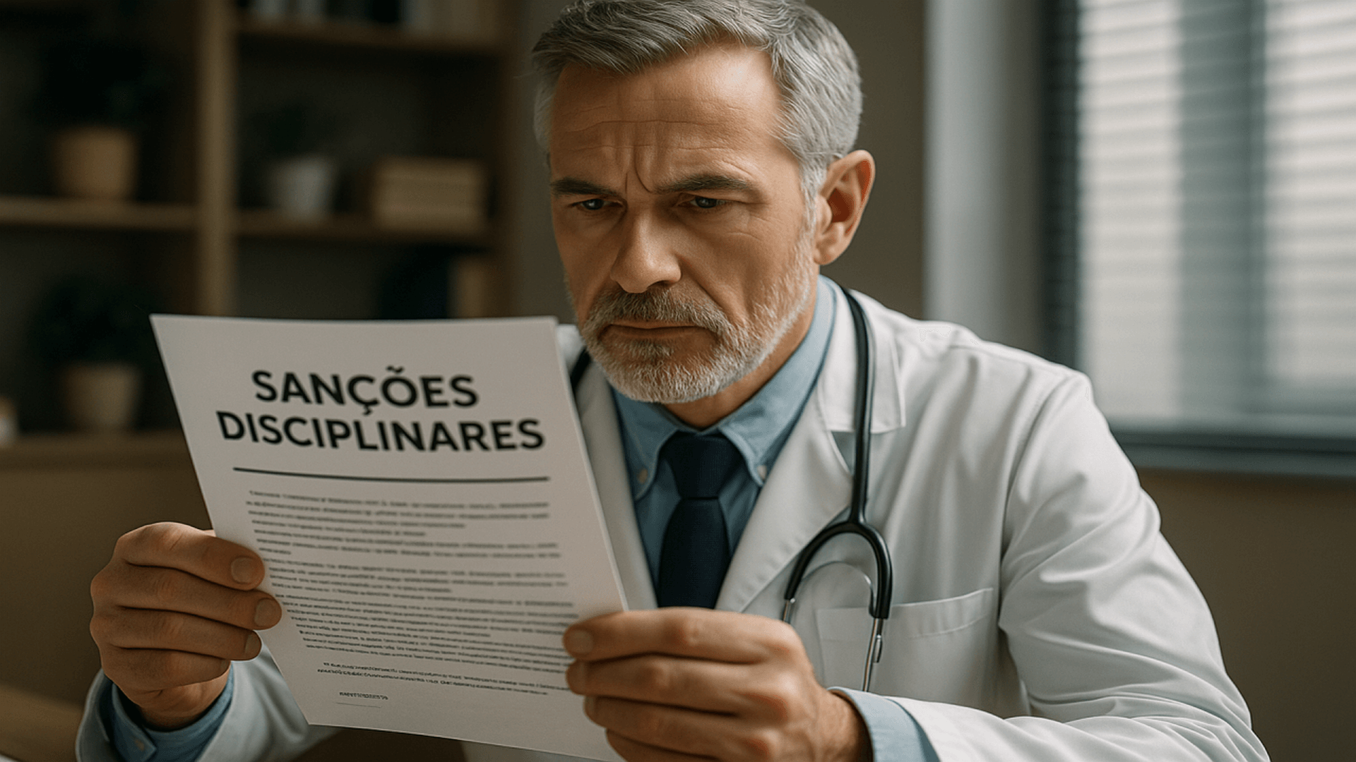 Médico analisa documento de sanções disciplinares do CRM, representando preocupação com conduta ética e processo disciplinar.Médico analisa documento de sanções disciplinares do CRM, representando preocupação com conduta ética e processo disciplinar.