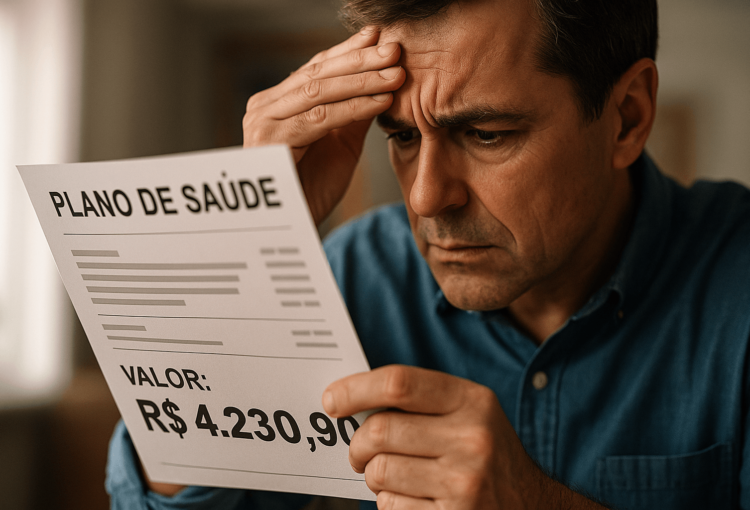 Consumidor analisa boleto de plano de saúde com expressão preocupada, representando a dificuldade em identificar aumentos abusivos e a busca por justiça.