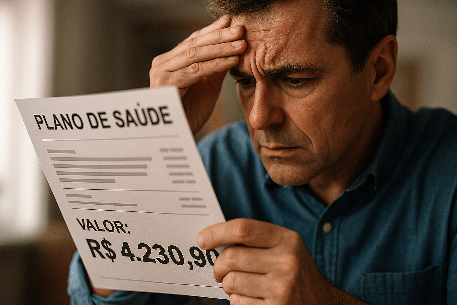 Consumidor analisa boleto de plano de saúde com expressão preocupada, representando a dificuldade em identificar aumentos abusivos e a busca por justiça.