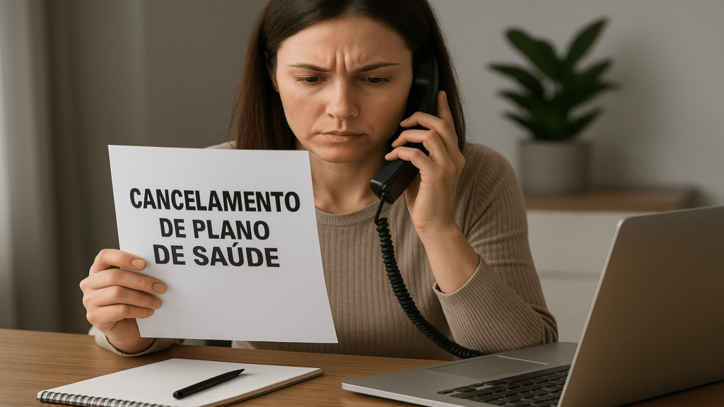 Pessoa se informando sobre cancelamento de planos de saúde por telefone após novas regras da ANS