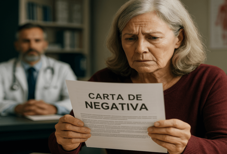 Paciente analisa carta de negativa de plano de saúde em consultório, ilustrando erros comuns ao lidar com cobertura negada em plano de saúde.