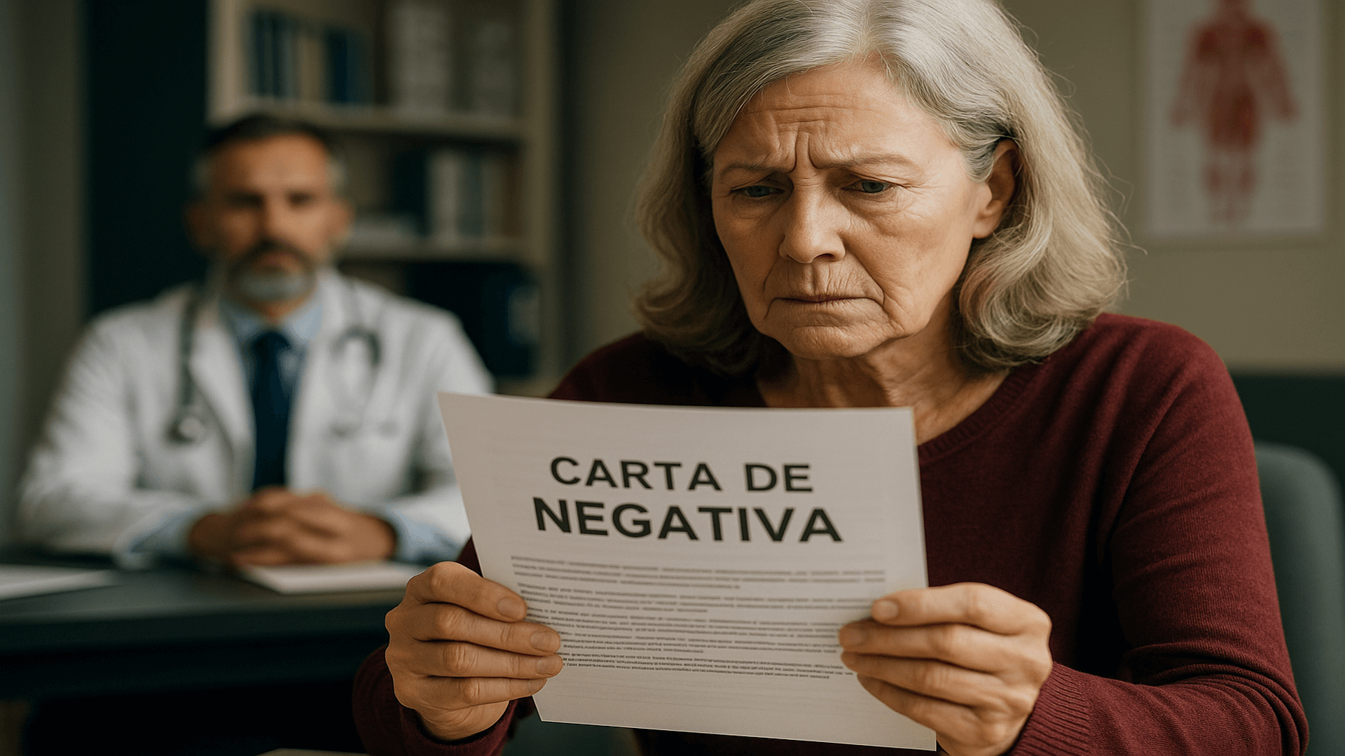 Paciente analisa carta de negativa de plano de saúde em consultório, ilustrando erros comuns ao lidar com cobertura negada em plano de saúde.
