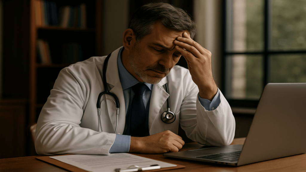 Médico analisando prontuário em consultório, refletindo sobre os erros que médicos cometem que prejudicam sua defesa ética e profissional.