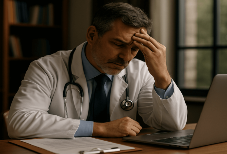 Médico analisando prontuário em consultório, refletindo sobre os erros que médicos cometem que prejudicam sua defesa ética e profissional.