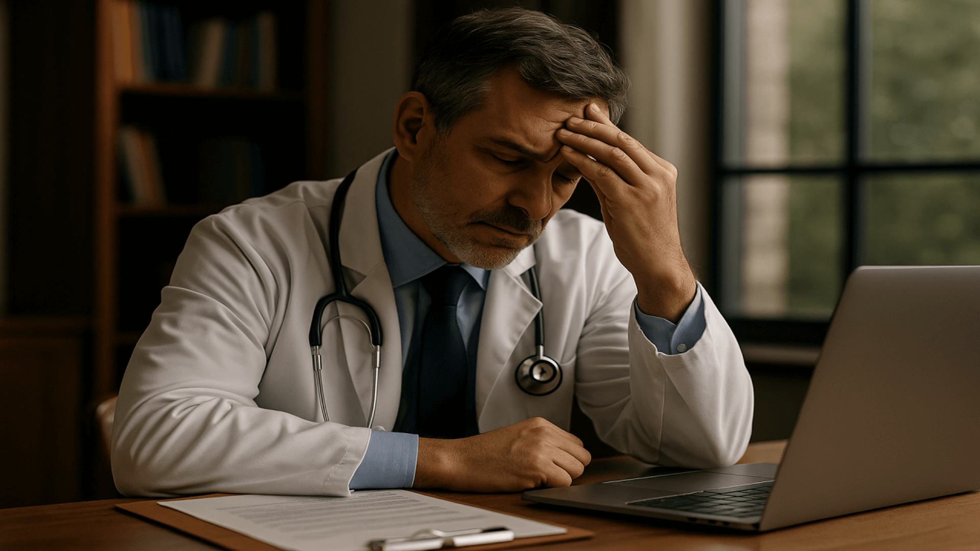 Médico analisando prontuário em consultório, refletindo sobre os erros que médicos cometem que prejudicam sua defesa ética e profissional.