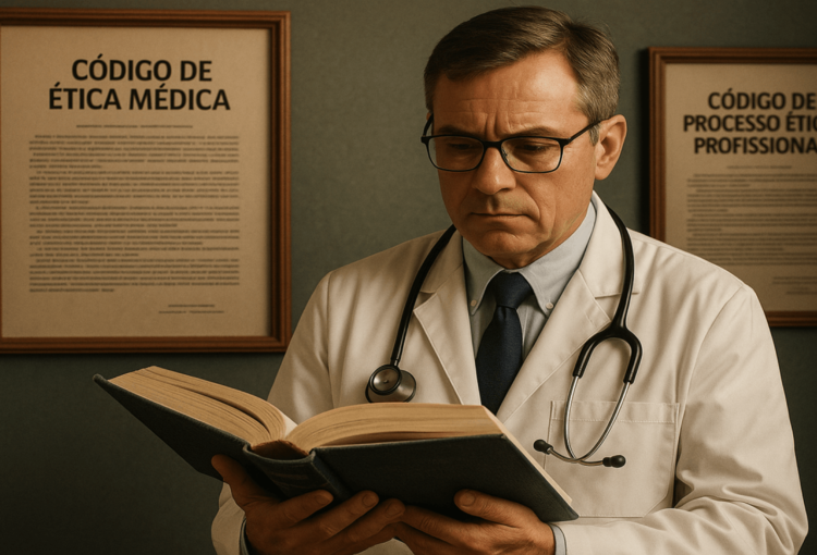 Médico analisando o Código de Ética Médica e documentos sobre o Código de Processo Ético-Profissional em mesa de consultório, representando a importância de conhecer o código de ética médica para garantir segurança e proteção profissional.