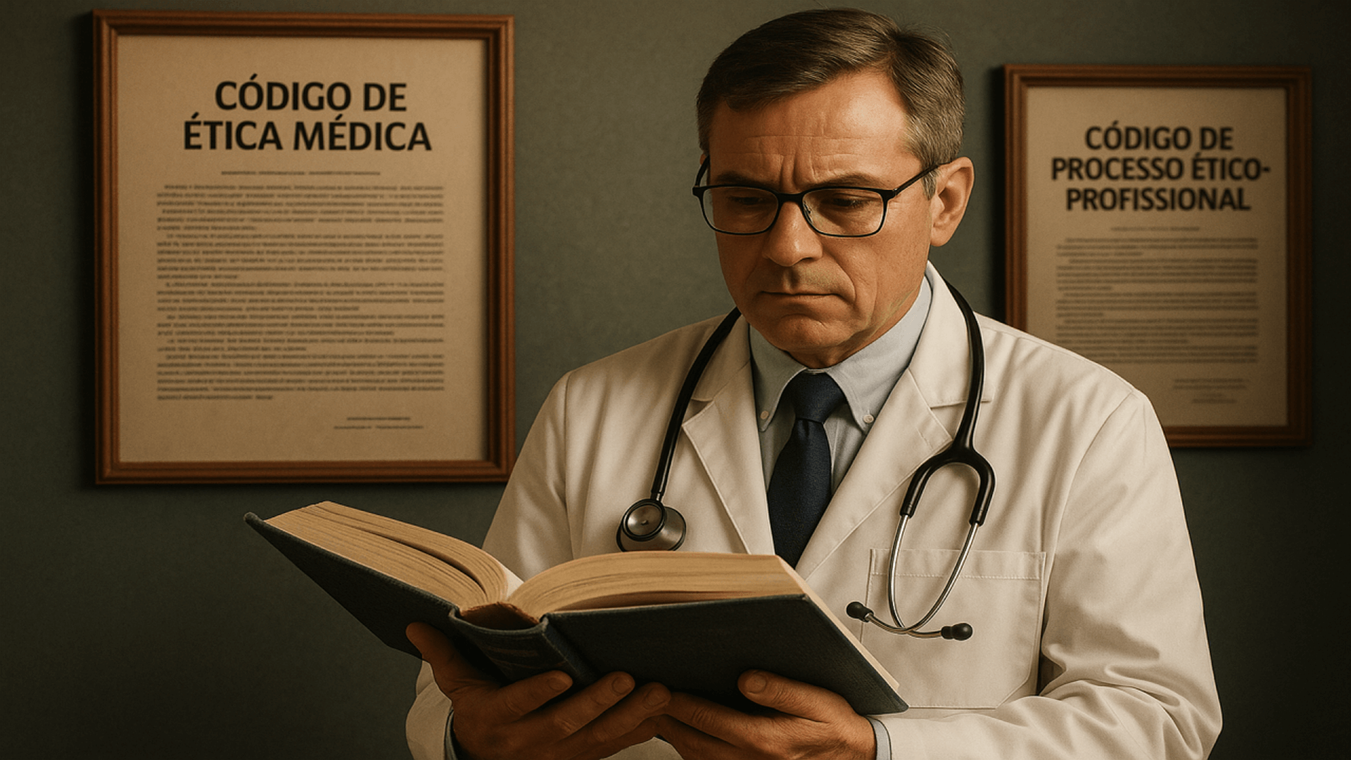Médico analisando o Código de Ética Médica e documentos sobre o Código de Processo Ético-Profissional em mesa de consultório, representando a importância de conhecer o código de ética médica para garantir segurança e proteção profissional.