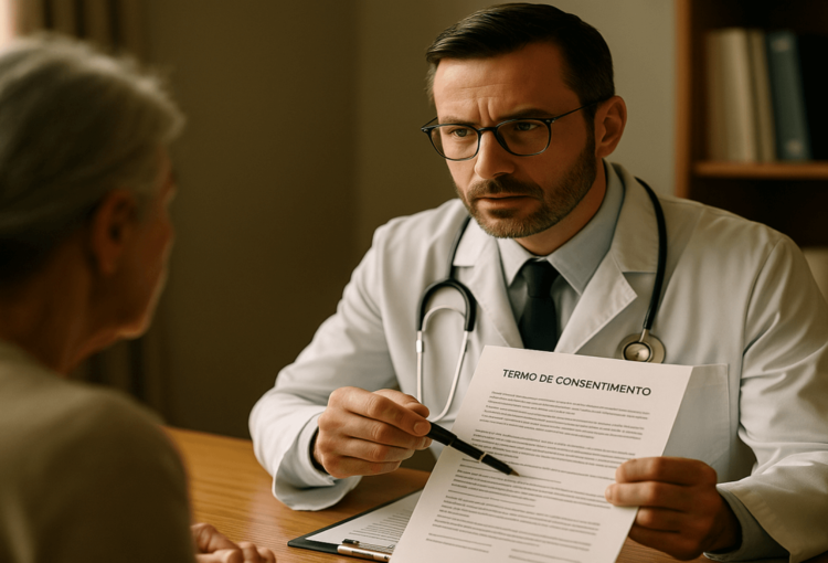 Médico orienta paciente em consultório e entrega documento de consentimento antes da prescrição, ilustrando quando o medicamento precisa de TCLE