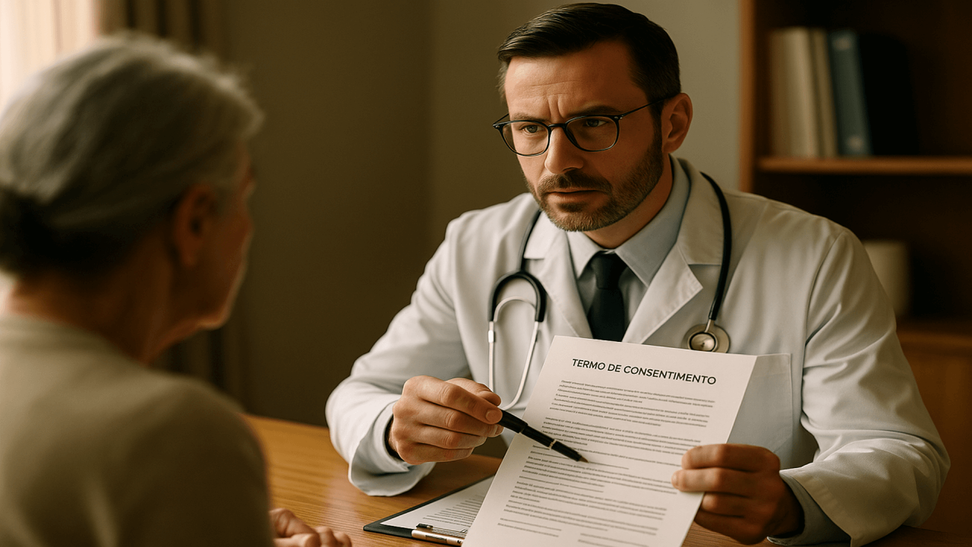 Médico orienta paciente em consultório e entrega documento de consentimento antes da prescrição, ilustrando quando o medicamento precisa de TCLE