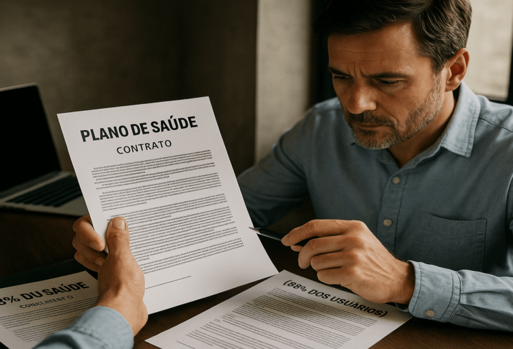 Consumidor analisa contrato de plano de saúde em mesa de escritório, destacando os riscos e ilegalidades do plano falso-coletivo com poucos beneficiários.