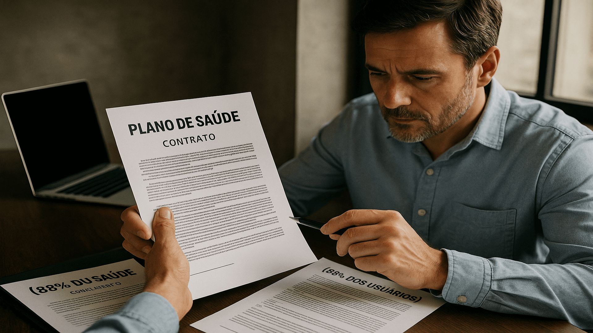 Consumidor analisa contrato de plano de saúde em mesa de escritório, destacando os riscos e ilegalidades do plano falso-coletivo com poucos beneficiários.