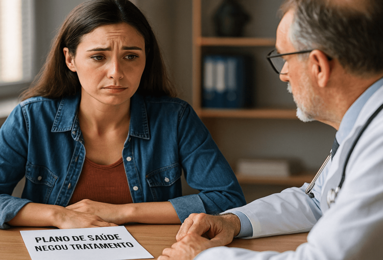 Paciente conversa com médico em consultório após negativa de plano de saúde, representando que planos de saúde não podem negar tratamento sem base legal.