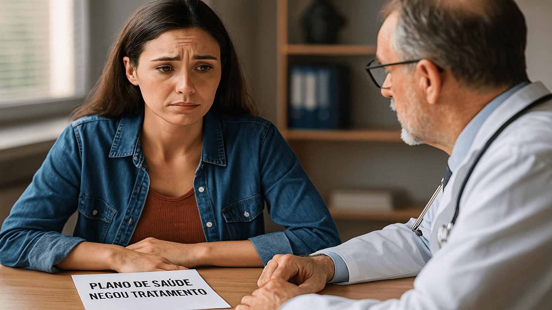 Paciente conversa com médico em consultório após negativa de plano de saúde, representando que planos de saúde não podem negar tratamento sem base legal.