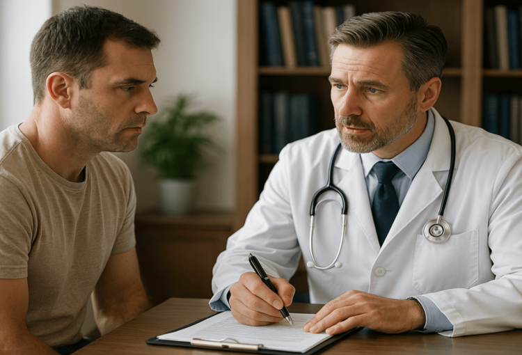 Consulta médica em que o profissional registra orientações no prontuário, ilustrando a responsabilização do paciente ao descumprir recomendações.