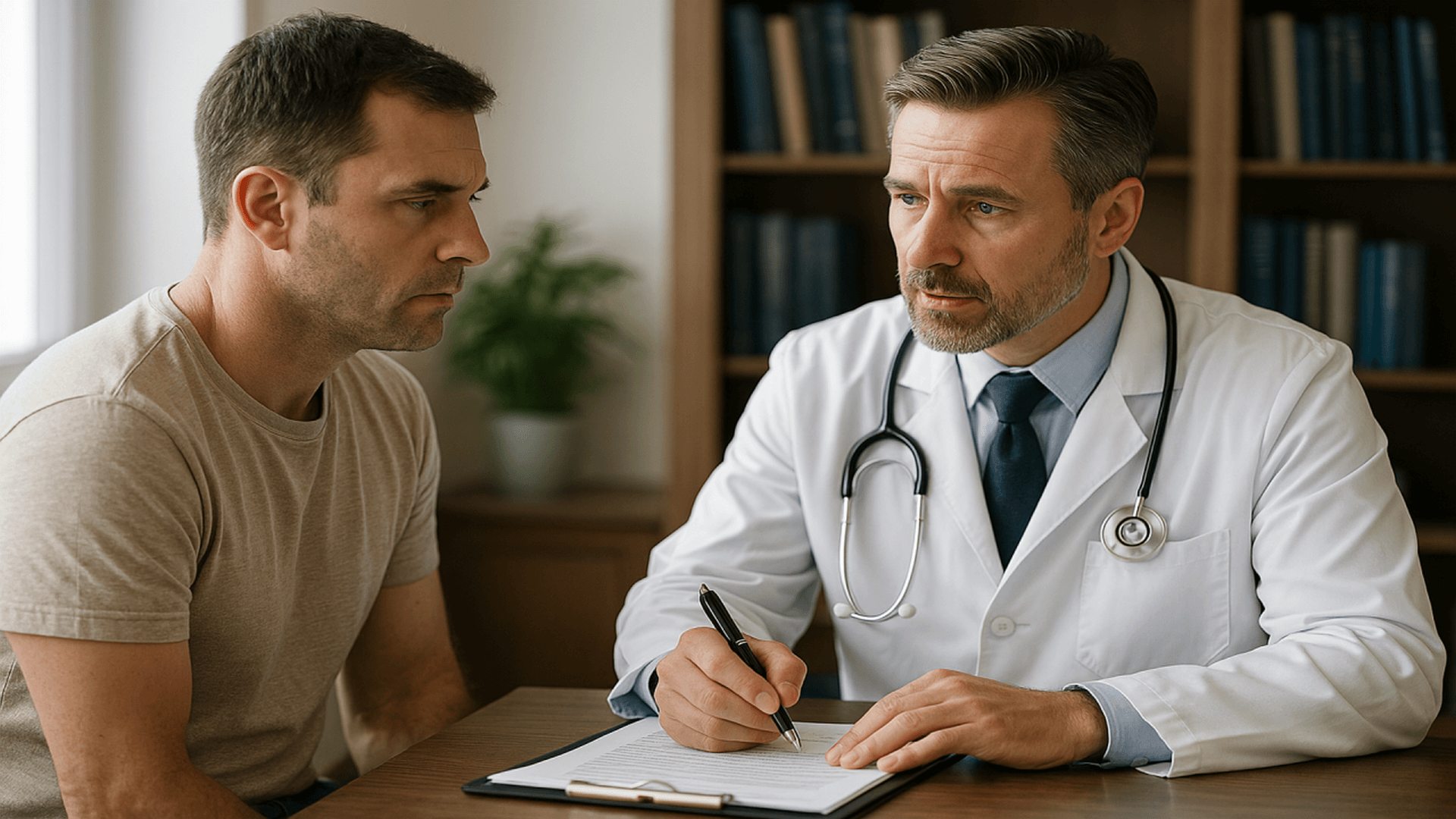 Consulta médica em que o profissional registra orientações no prontuário, ilustrando a responsabilização do paciente ao descumprir recomendações.