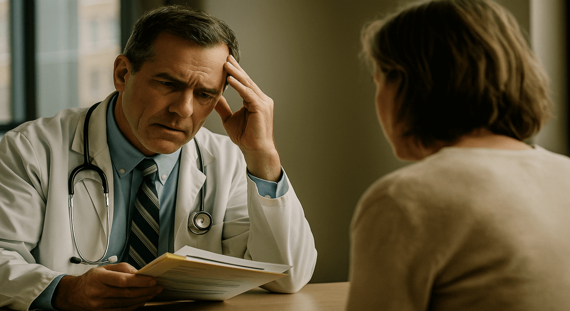 Médico conversando com paciente em consultório, representando a importância da comunicação para evitar processos éticos