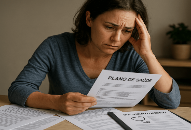 Paciente analisando contrato de plano de saúde e documentos médicos após descredenciamento de médico do plano de saúde, com expressão de preocupação e papéis organizados sobre a mesa.