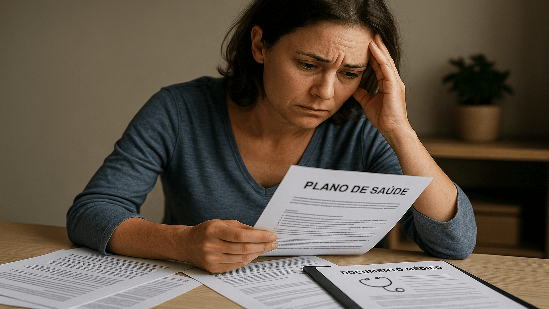 Paciente analisando contrato de plano de saúde e documentos médicos após descredenciamento de médico do plano de saúde, com expressão de preocupação e papéis organizados sobre a mesa.
