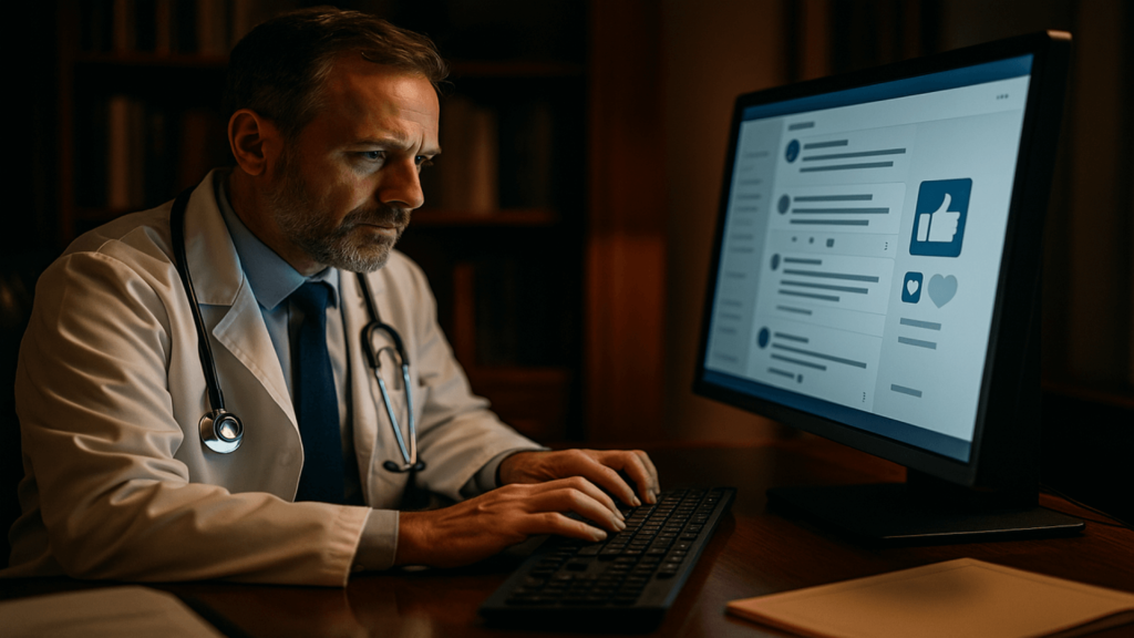 Médico revisando estratégia de marketing e evitando erros de publicidade médica