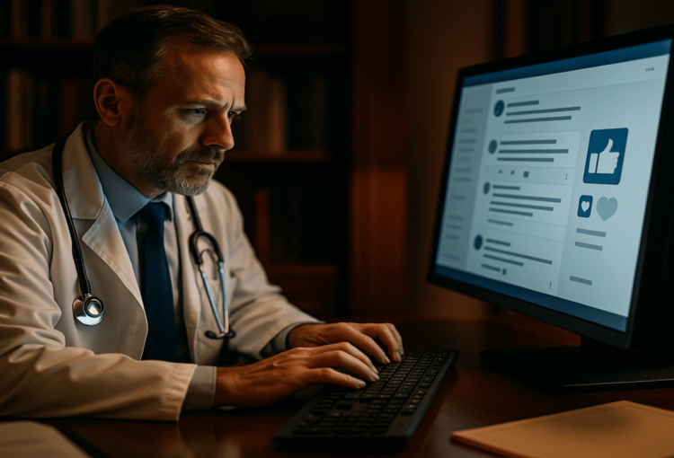 Médico revisando estratégia de marketing e evitando erros de publicidade médica