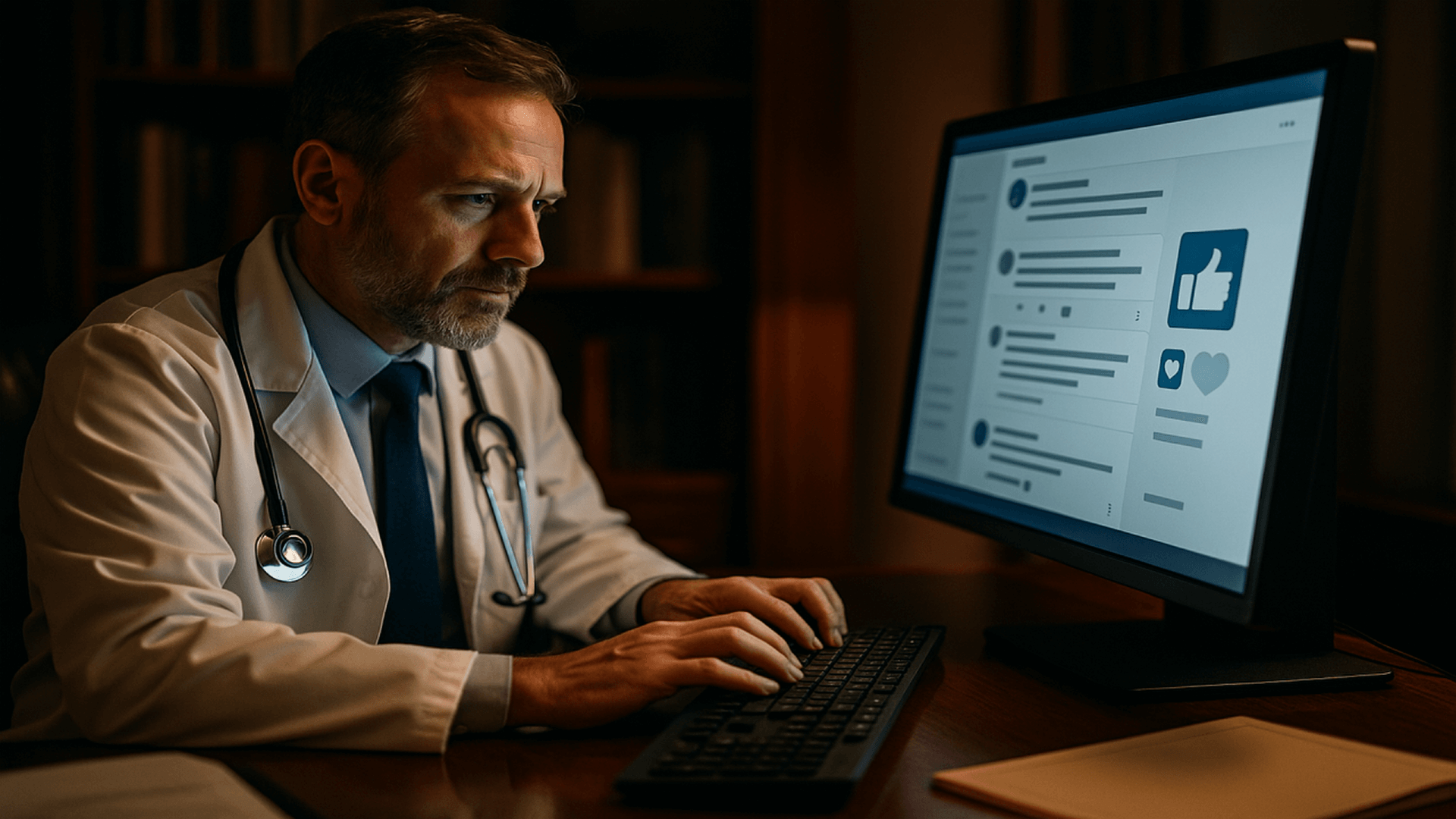 Médico revisando estratégia de marketing e evitando erros de publicidade médica