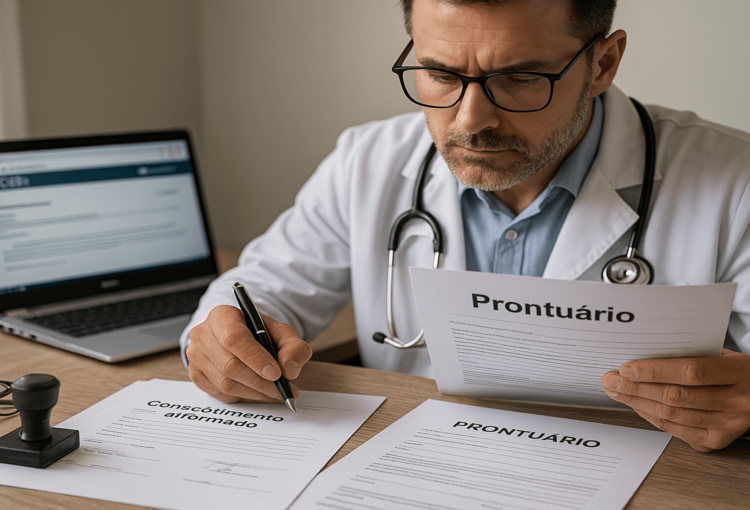 Médico analisando documentos e prontuário antes de responder a processo ético no CRM, com laptop, caneta e formulário em mesa de escritório.