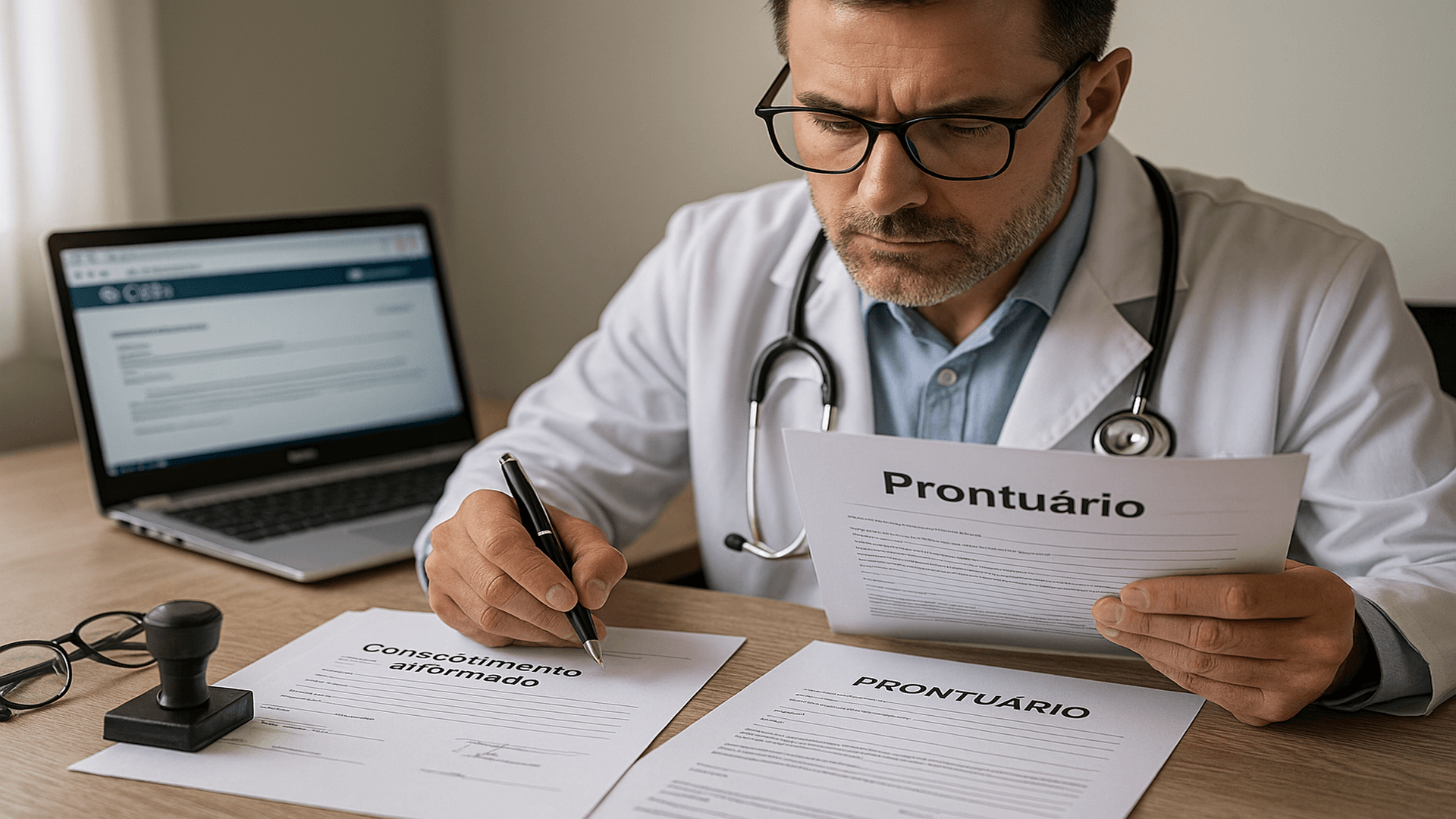 Médico analisando documentos e prontuário antes de responder a processo ético no CRM, com laptop, caneta e formulário em mesa de escritório.