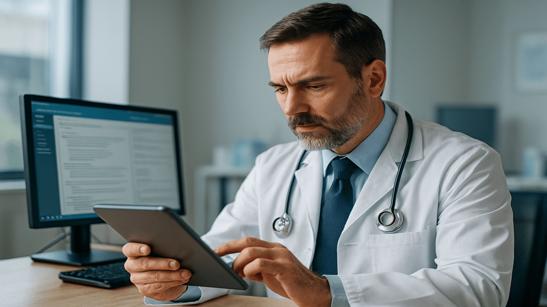 Médico em ambiente clínico revisando prontuário digital — reflexo sobre publicidade médica ética e riscos na superexposição.