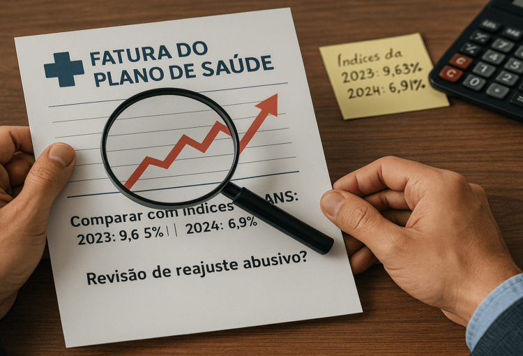 Pessoa analisa boleto de plano de saúde com gráfico de alta; destaque para comparação com índices da ANS e discussão sobre revisão de reajuste abusivo em plano coletivo.