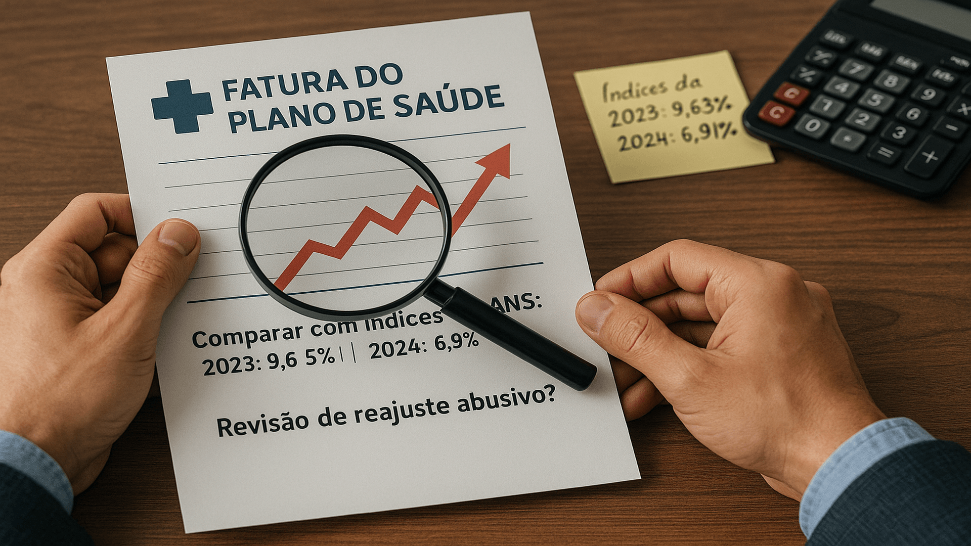 Pessoa analisa boleto de plano de saúde com gráfico de alta; destaque para comparação com índices da ANS e discussão sobre revisão de reajuste abusivo em plano coletivo.