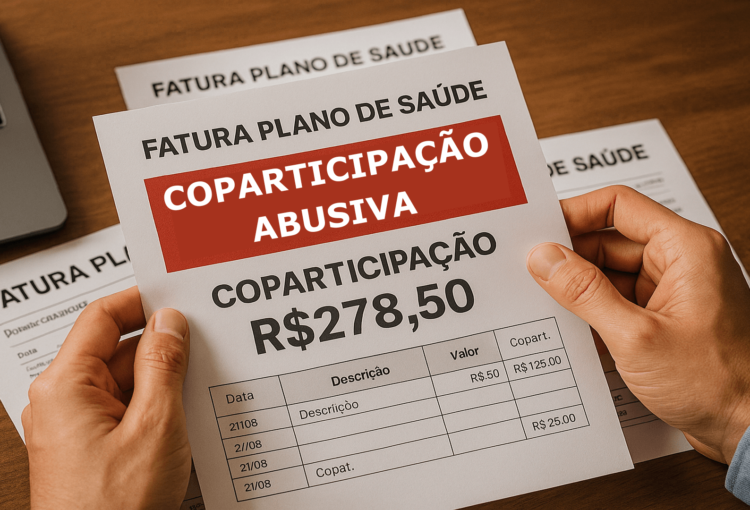 Pessoa analisando faturas de plano de saúde com destaque para valores de coparticipação abusiva, representando possíveis cobranças abusivas.
