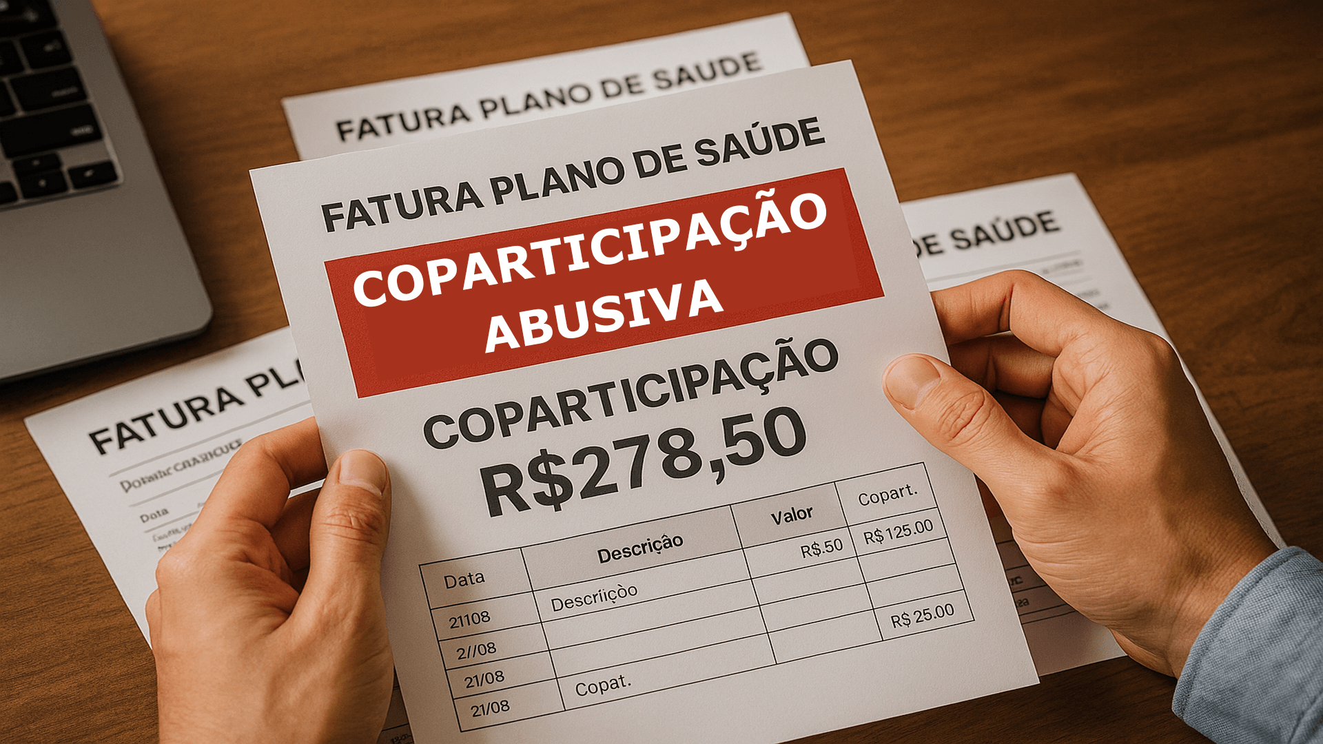 Pessoa analisando faturas de plano de saúde com destaque para valores de coparticipação abusiva, representando possíveis cobranças abusivas.