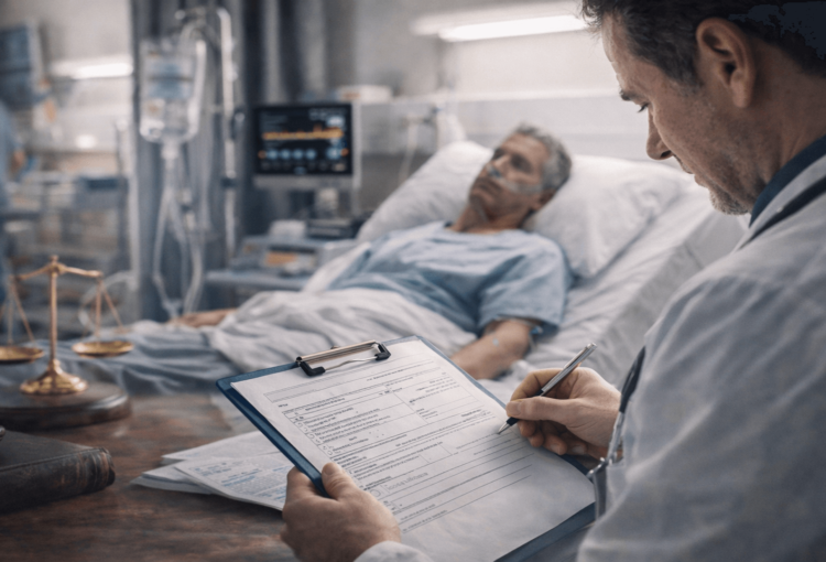 Imagem ilustrativa de ambiente hospitalar com médico analisando prontuário, representando as principais causas de processos por dano decorrente de serviço de saúde.