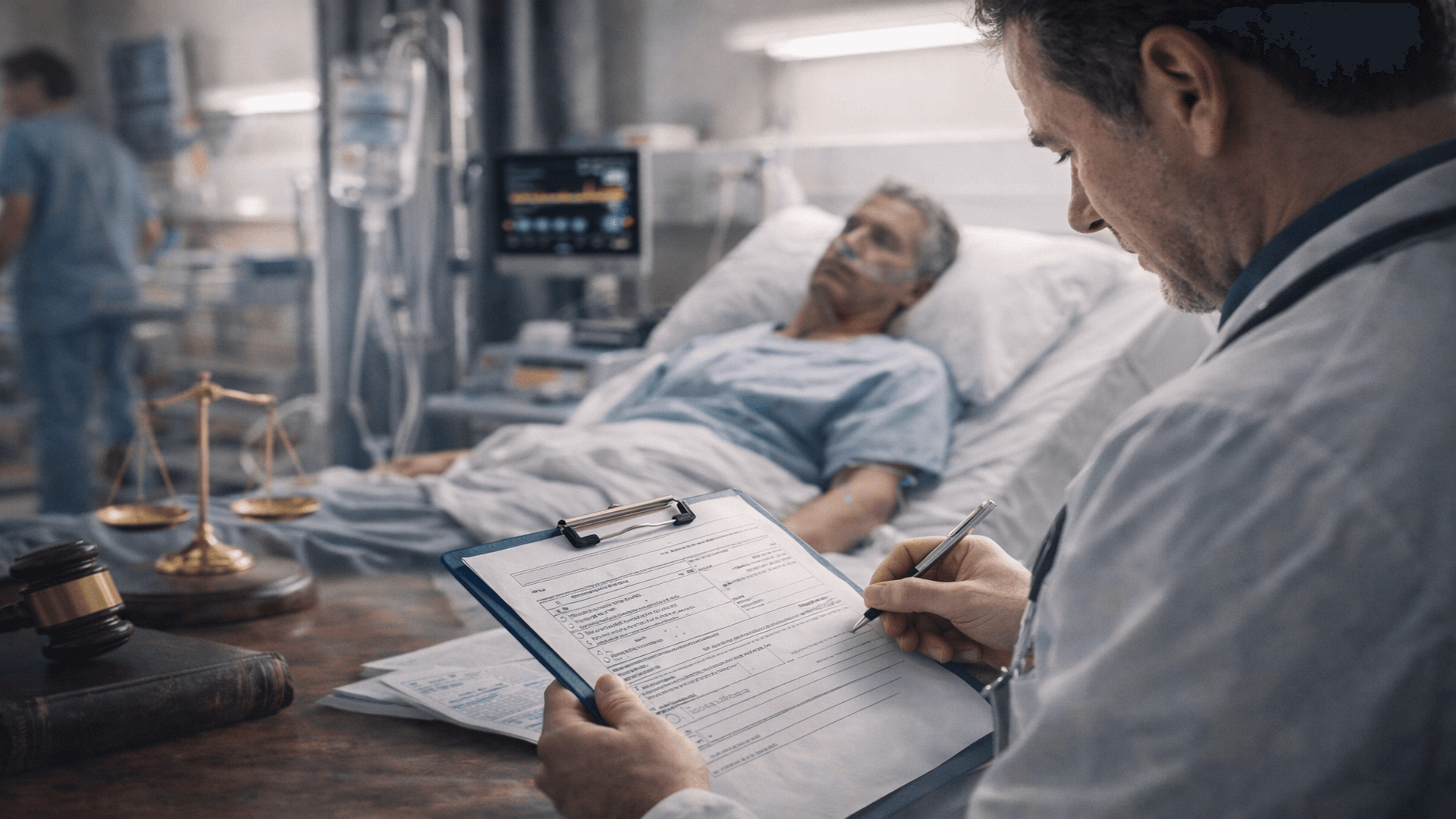 Imagem ilustrativa de ambiente hospitalar com médico analisando prontuário, representando as principais causas de processos por dano decorrente de serviço de saúde.