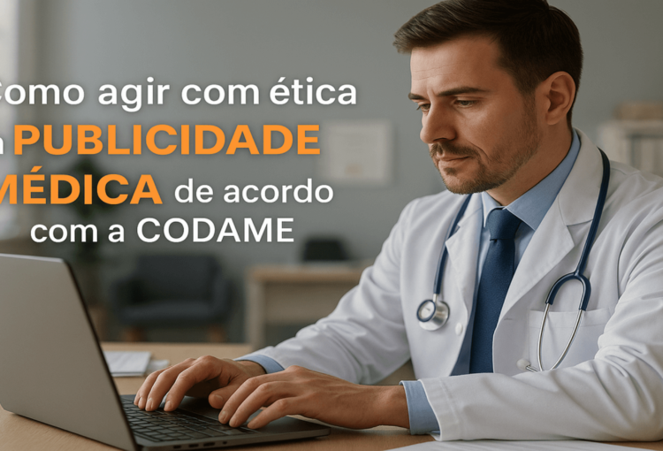 Profissional da saúde analisando normas da CODAME sobre ética na publicidade médica, em ambiente clínico, com foco em comunicação responsável.