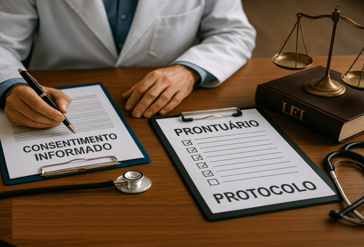 Médico em ambiente clínico revisando prontuário digital — reflexo sobre publicidade médica ética e riscos na superexposição.