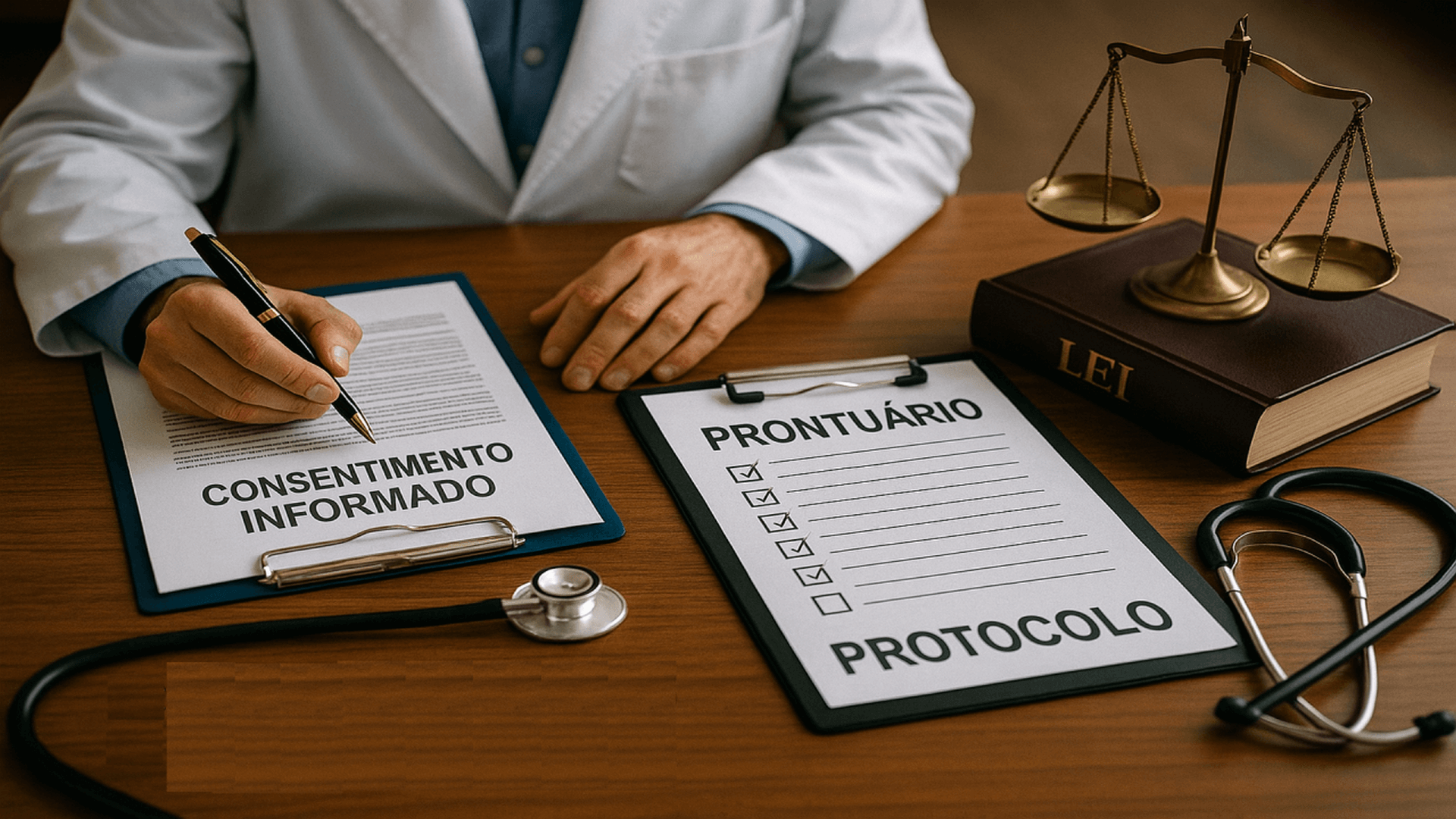 Médico em ambiente clínico revisando prontuário digital — reflexo sobre publicidade médica ética e riscos na superexposição.