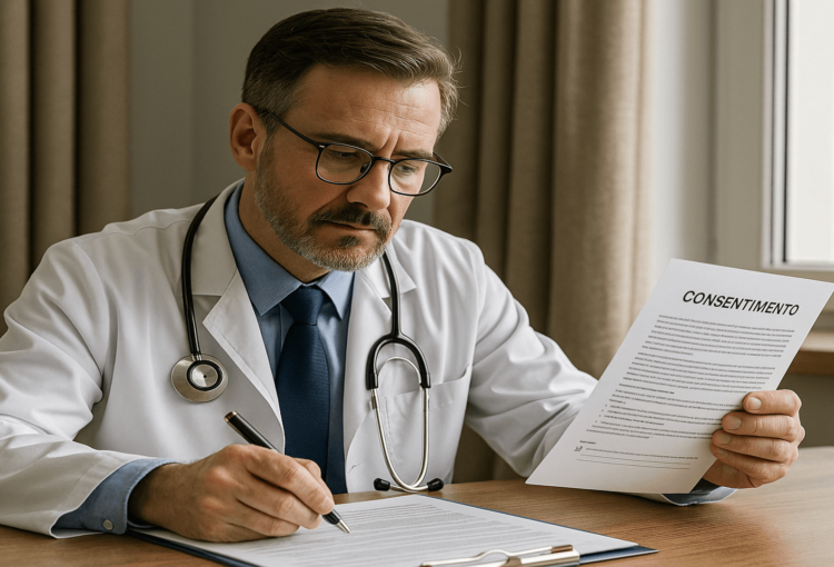 Médico consultando prontuário e segurando documento de consentimento — simbolizando recusa terapêutica e proteção jurídica.