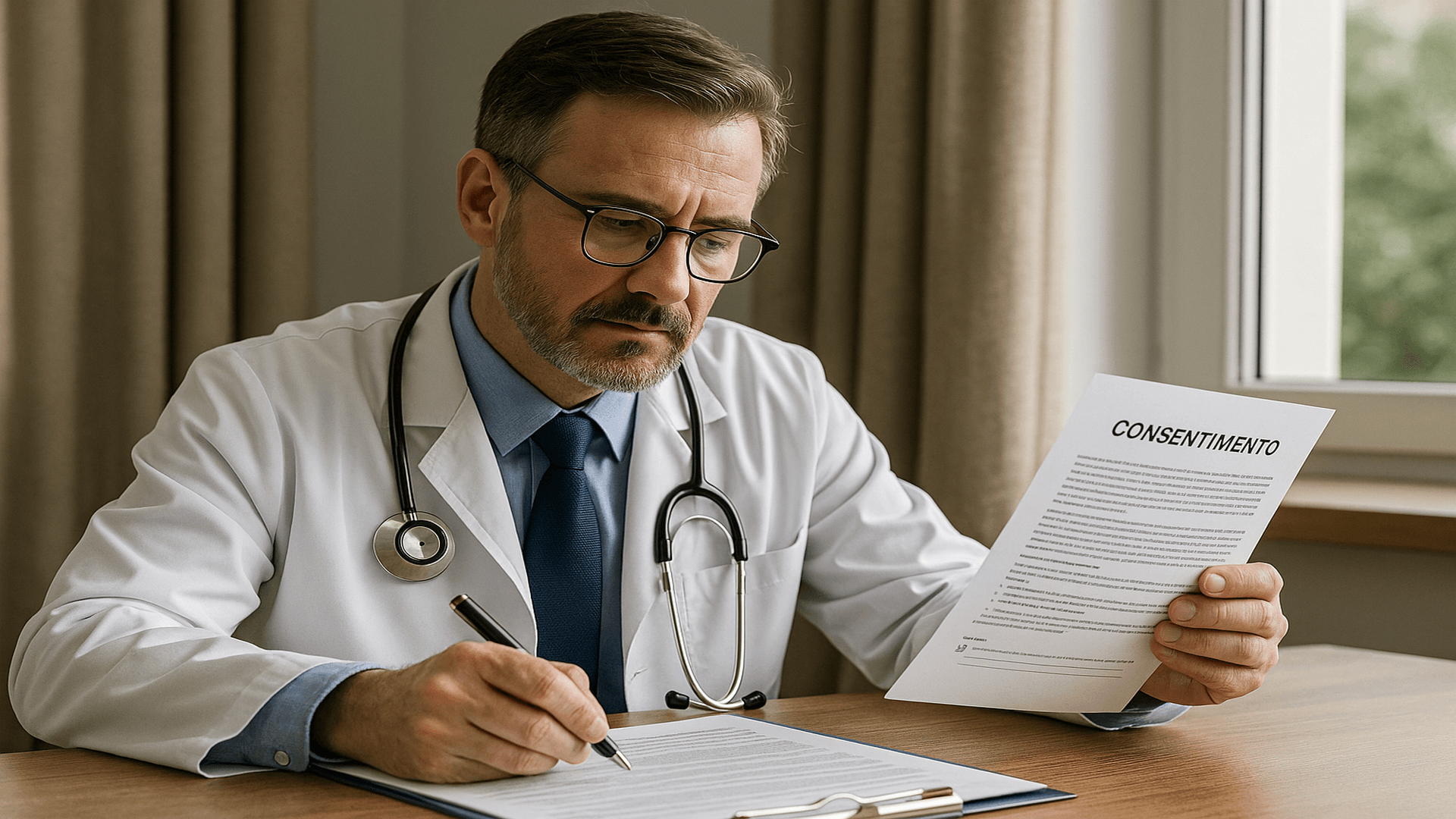 Médico consultando prontuário e segurando documento de consentimento — simbolizando recusa terapêutica e proteção jurídica.