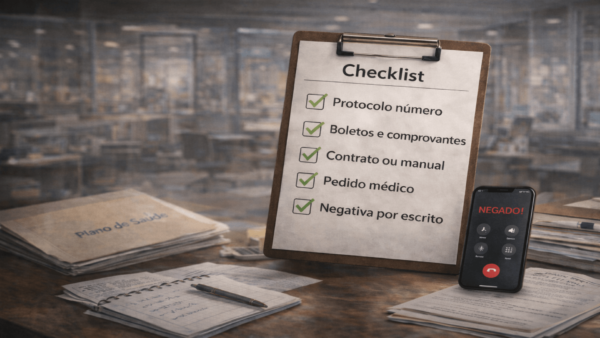Advogado especializado em Direito da Saúde orientando usuário de plano de saúde sobre organização de documentos após negativas de cobertura, em ambiente profissional.