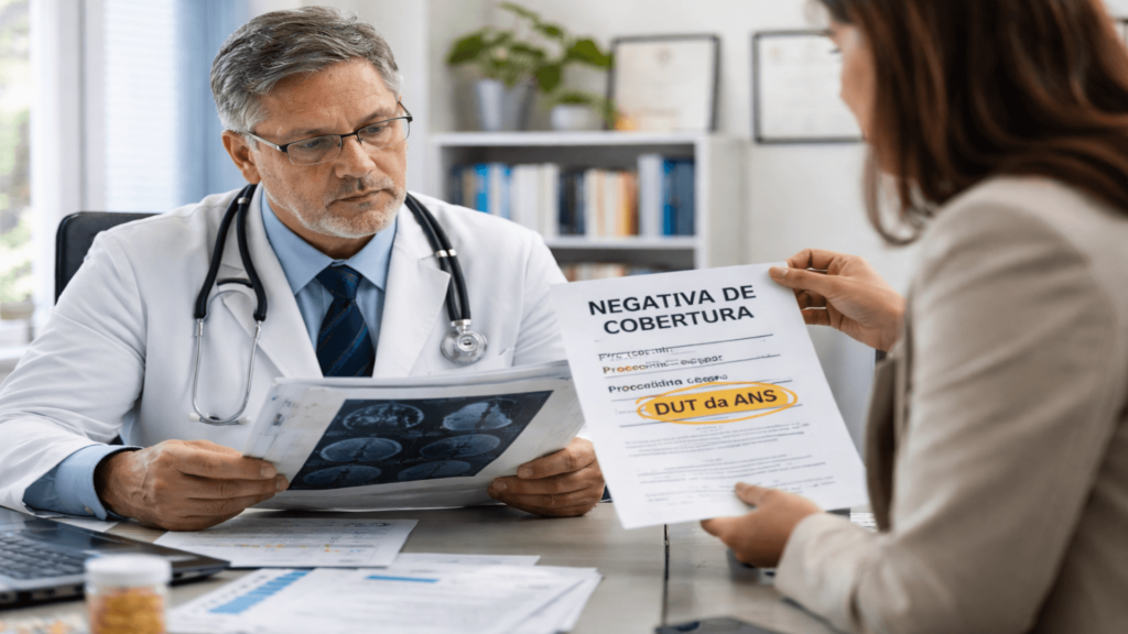 Médico analisando prontuário enquanto recebe negativa de plano de saúde baseada em Diretriz de Utilização Técnica (DUT) da ANS, representando conflito entre autonomia médica e protocolo regulatório.
