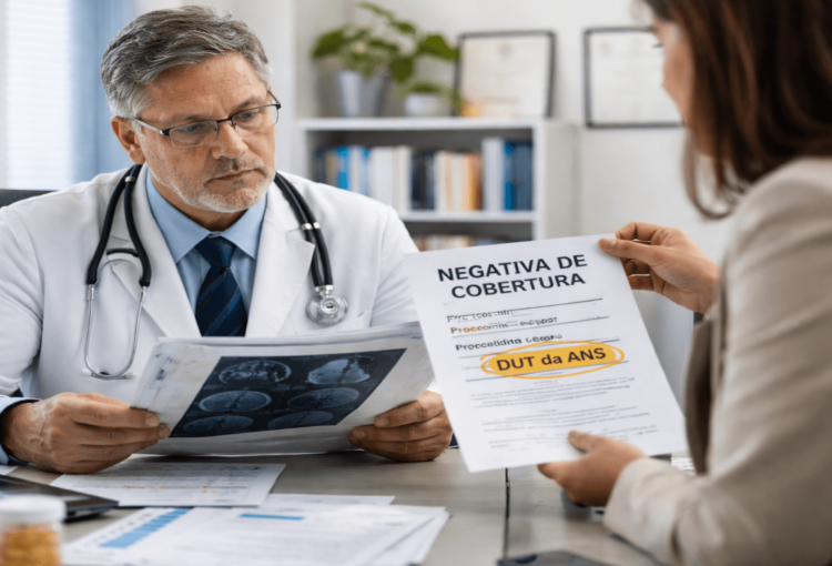 Médico analisando prontuário enquanto recebe negativa de plano de saúde baseada em Diretriz de Utilização Técnica (DUT) da ANS, representando conflito entre autonomia médica e protocolo regulatório.