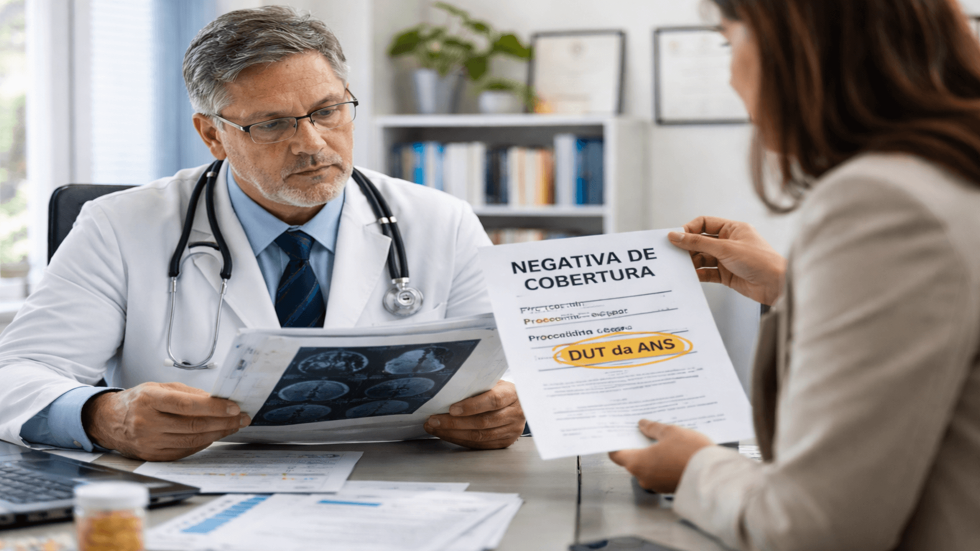 Médico analisando prontuário enquanto recebe negativa de plano de saúde baseada em Diretriz de Utilização Técnica (DUT) da ANS, representando conflito entre autonomia médica e protocolo regulatório.
