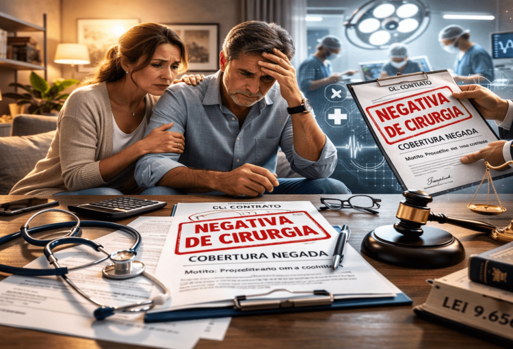 Imagem ilustrativa representando paciente preocupado diante de negativa de cirurgia pelo plano de saúde, contextualizando discussão jurídica sobre cobertura obrigatória e abuso contratual.