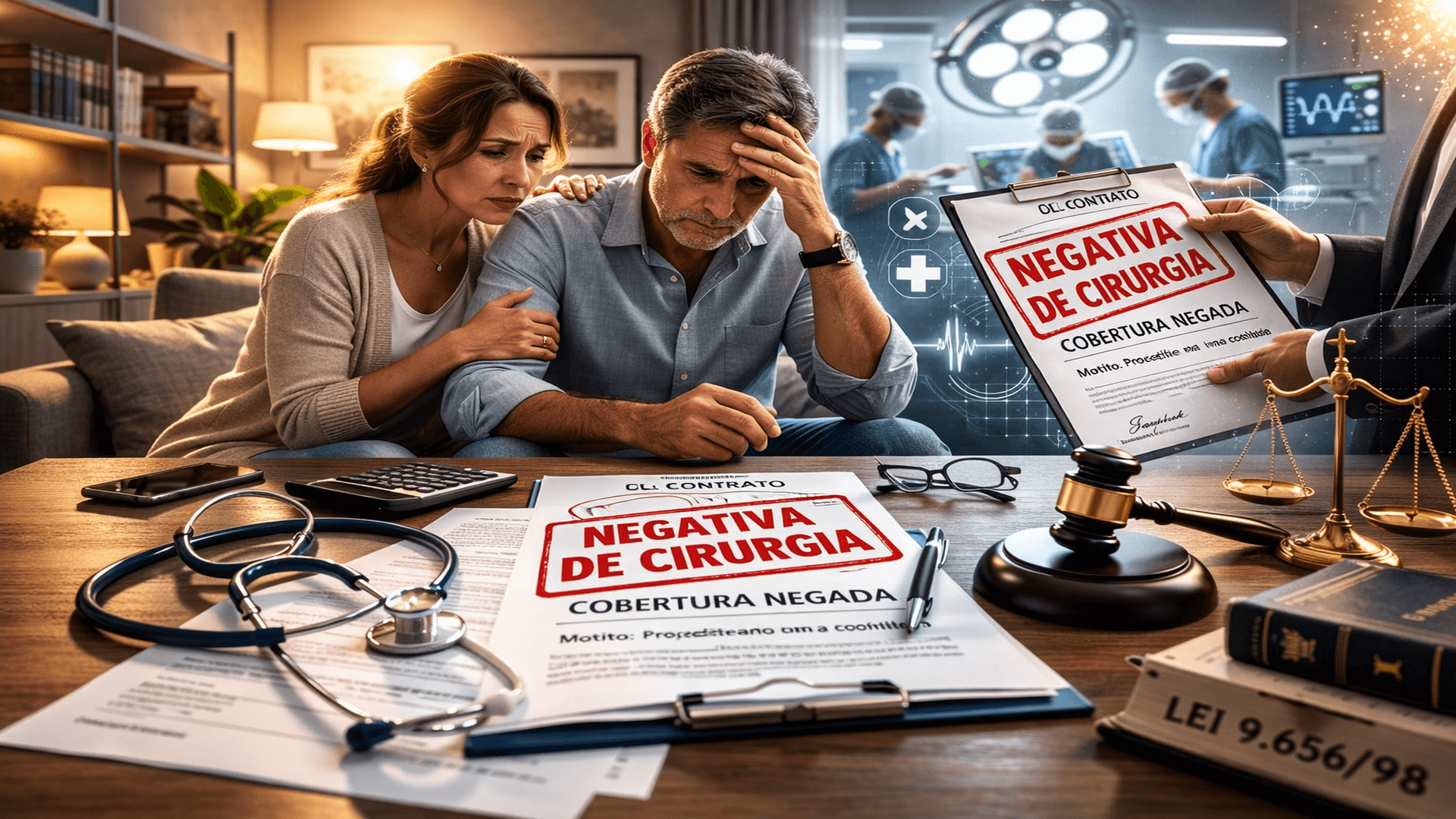 Imagem ilustrativa representando paciente preocupado diante de negativa de cirurgia pelo plano de saúde, contextualizando discussão jurídica sobre cobertura obrigatória e abuso contratual.