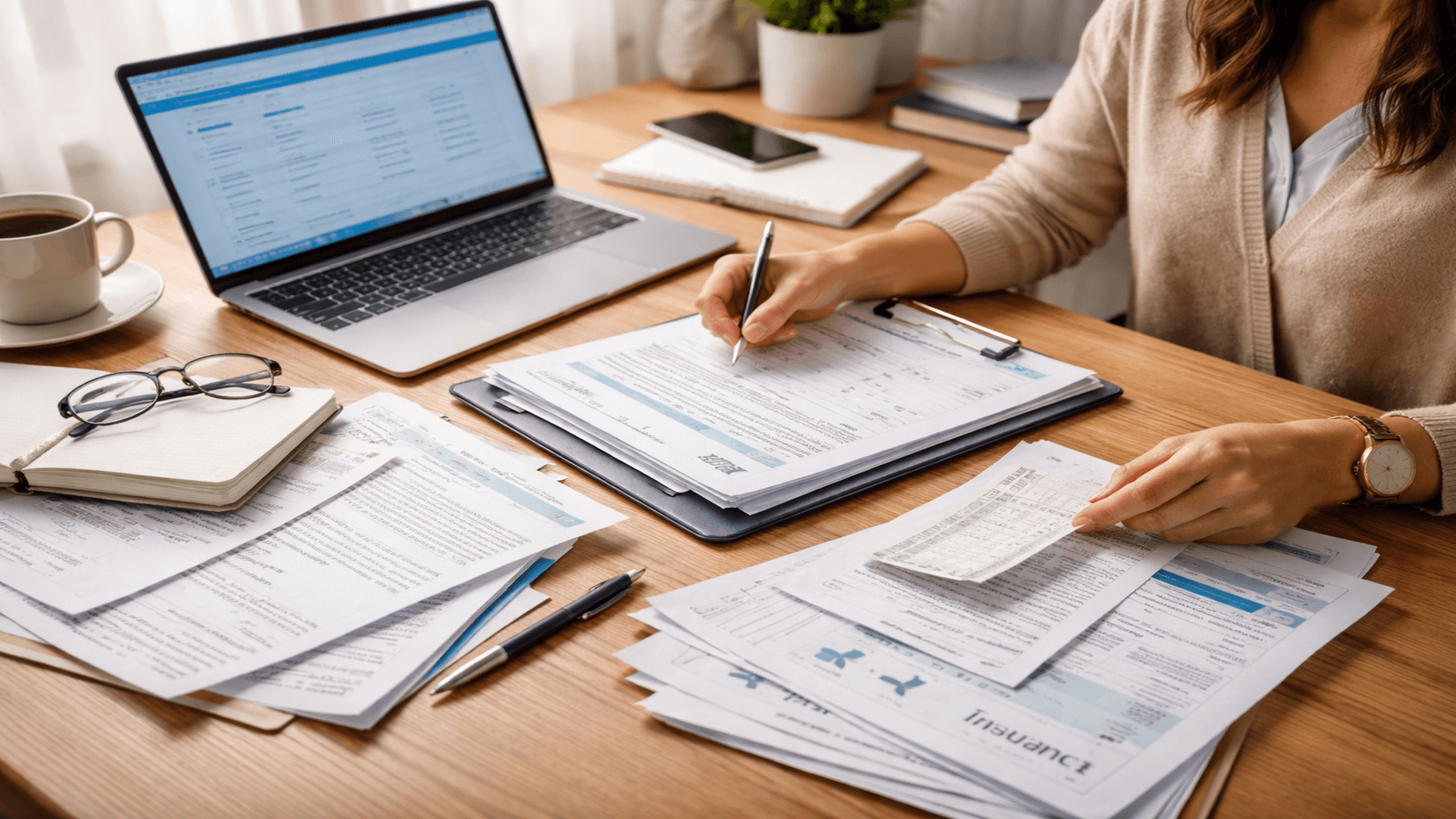 Mulher organizando documentos médicos e comprovantes sobre uma mesa com um notebook aberto, simbolizando o preparo para contestar negativa de cobertura.